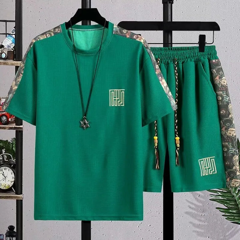 Summer New Fashion Trend Printed Short-Sleeved Shorts Set For Men Loose Sports Breathable Large Size High-Grade Two-Piece Set