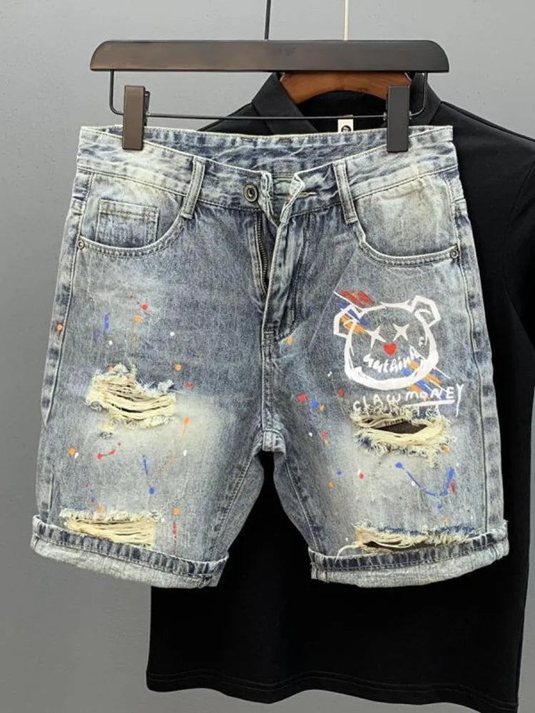Summer Fashionable and Trendy Printed Perforated Straight Leg Elastic Denim Shorts For Men's Casual Loose Sports Plus Size Short